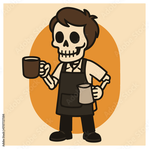 Skeleton barista holding coffee cup