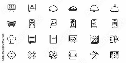 Whimsical hand-drawn icons capturing culinary delights, dining experiences, and modern kitchen technology for creative projects and food-focused designs
