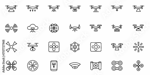 Diverse drone and aerial technology icons capturing innovation, surveillance, delivery, and connectivity for modern applications in business, industry, and lifestyle