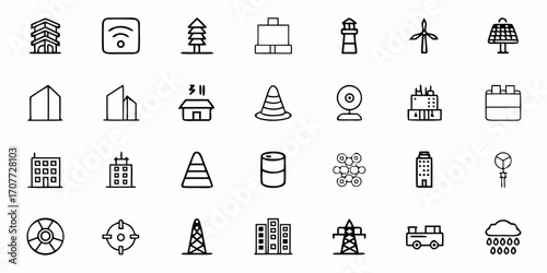 Discover a versatile collection of modern line art icons representing buildings, technology, infrastructure, and natural elements for dynamic design projects