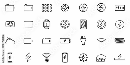 Captivating collection of hand-drawn icons representing technology, power, and connectivity for modern design projects