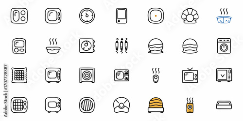 Discover a charming collection of hand-drawn icons featuring kitchen appliances, household gadgets, and digital devices perfect for modern design projects and creative concepts
