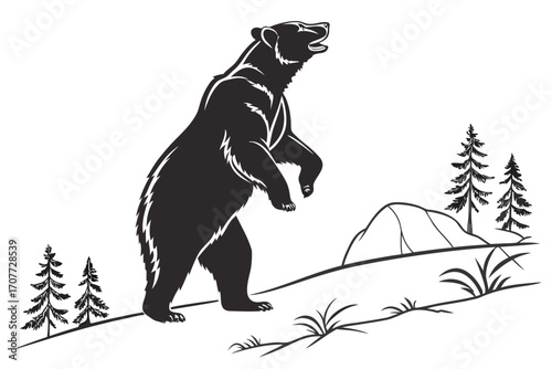 Black Bear Standing Tall in Snowy Landscape.