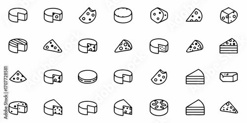 Discover a delightful collection of cheese icons showcasing various shapes and styles perfect for culinary projects, menus, and food-related designs, offering versatile visual appeal.