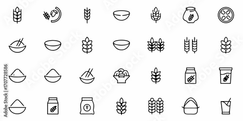 Essential grain and cereal icons depicting wheat stalks, bowls of grain, sacks, and drinks, perfect for food and agriculture branding, recipes, and healthy eating guides.