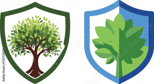 Dual Tree Shield Logos in Different Styles for Environmental Themes