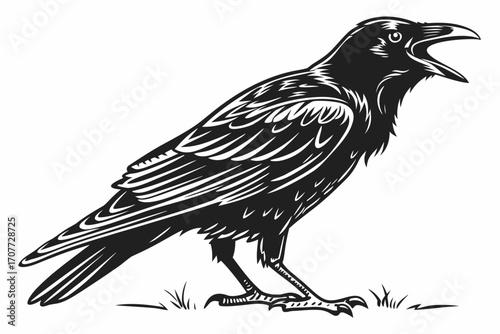 Black Raven Bird Silhouette with Open Beak.