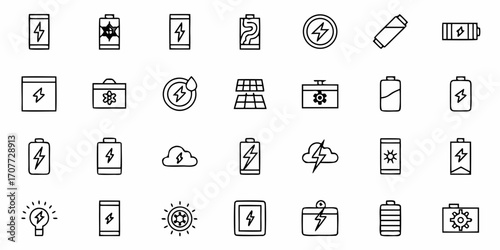 Dynamic energy icons collection showcasing battery charge, lightning, solar power, and lightbulb symbols for modern technology and renewable power concepts