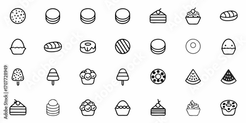 Delicious dessert icons featuring cakes, donuts, macarons, popsicles, and watermelon slices for sweet treats and culinary creativity