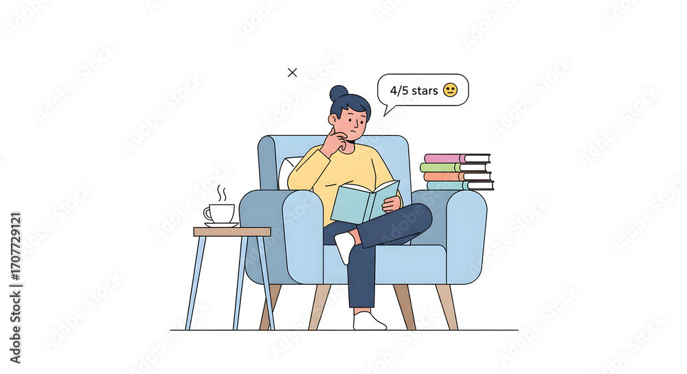 Fototapeta premium Woman reading a book in an armchair with a cup of coffee and a stack of books.