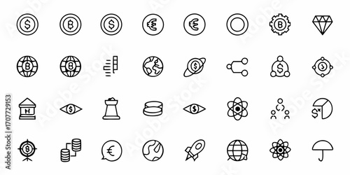 Dynamic financial icons and symbols representing global economy, cryptocurrency, investment, strategy, and innovation for modern business presentations and digital applications
