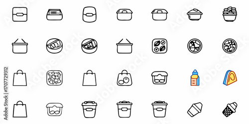 Diverse collection of simple line art icons representing food containers shopping bags and assorted food items ideal for modern design projects and digital interfaces