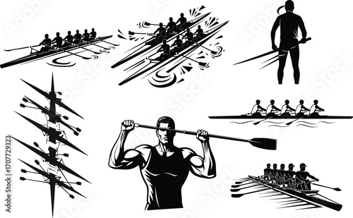 Rowing teams on water, athletes rowing boat, rowing sport, teamwork, competitive rowing, water splashes, rowing oars, outdoor water sports.
