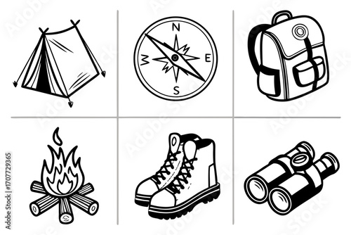 Camping and Outdoor Adventure Gear Icons.