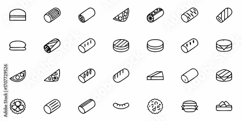 Delicious food icons showcase tempting burgers, fresh bread, savory sausages, and delightful cheese slices perfect for menus, recipes, or culinary branding