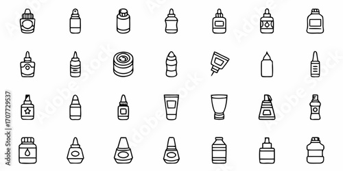 Diverse collection of bottles and containers showcasing various liquid product packaging for dispensing, crafting, or storage, perfect for design projects