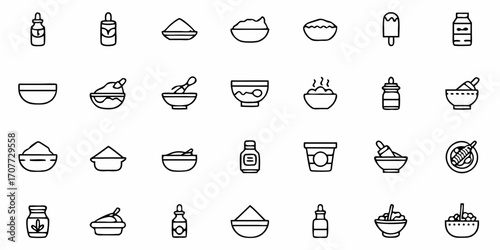 Modern line icons representing food, ingredients, and preparation tools, perfect for culinary, health, and wellness applications, offering versatile design elements for your projects.