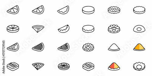Vibrant collection of hand-drawn icons featuring delicious food items like fruit slices, pastries, and sweet treats, perfect for culinary projects and modern designs.