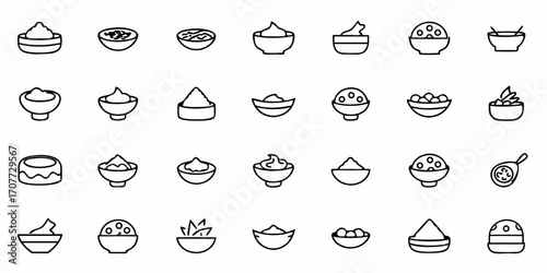 Diverse collection of stylized bowls and dishes featuring various food items and ingredients, perfect for culinary themes and recipe content creation
