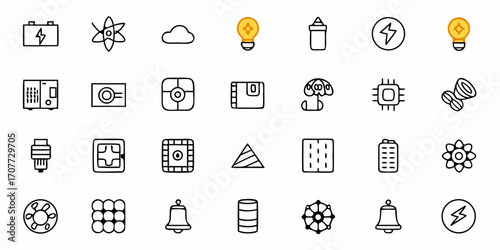 Diverse collection of modern technology and science icons featuring electricity, computing, and innovation symbols for professional presentations and digital design projects