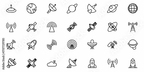 Explore cosmic wonders and communication networks with this dynamic collection of space and technology icons, perfect for modern digital projects and futuristic designs.
