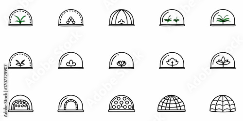 Discover diverse botanical icons representing greenhouses, terrariums, and protective domes for nurturing plants, seeds, and growth exploration