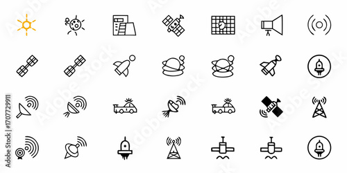 Discover a universe of possibilities with this collection of space, technology, and communication icons, perfect for modern designs and innovative projects
