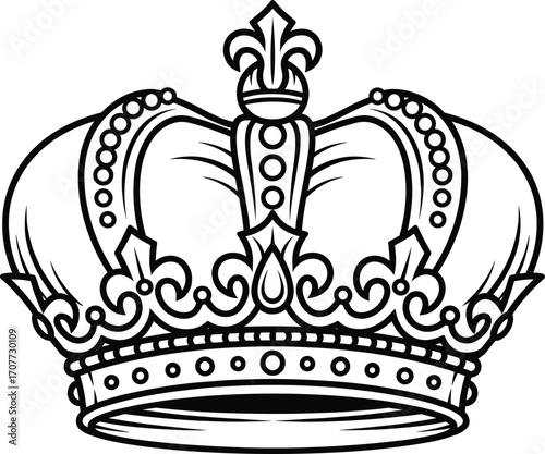 Royal crown line art vector, black and white majestic crown illustration, vintage luxury design for royalty, king, queen, or emblem