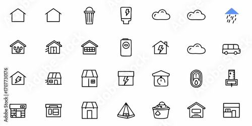 Diverse collection of simple outline icons representing houses, weather, transportation, and essential services for modern graphic design projects and web development needs.
