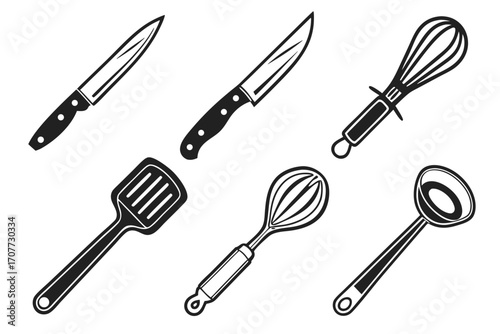 Collection of Black and White Kitchen Utensil Icons.