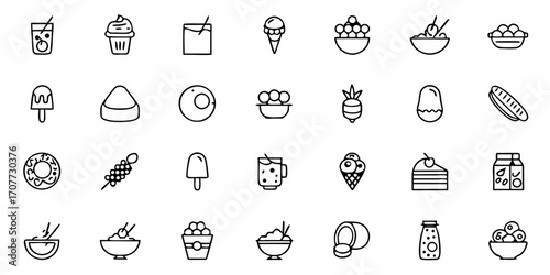 Delicious collection of diverse food icons and dessert illustrations perfect for culinary projects, menus, and sweet treats marketing.