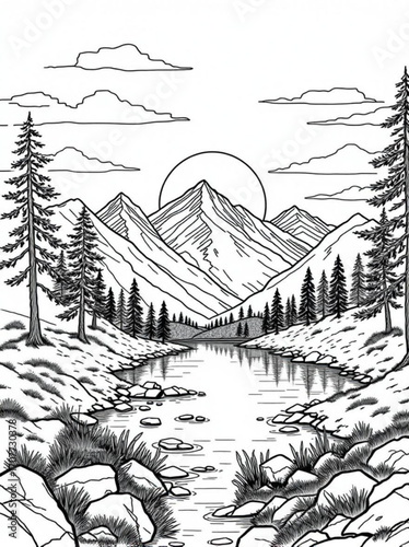 Minimilist black and white outline drawing of a mountain landscape with a river and trees in the foreground vector