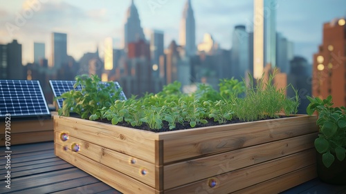 Urban rooftop garden integrates solar energy for sustainable farming in city landscape