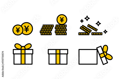 Financial gift and money reward icon collection. Vector illustrations of Yen or Yuan currency coins and present boxes for online promotions and bonuses.