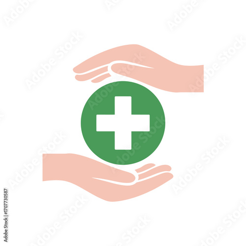 A vector illustration of caring hands protecting a green circle with a white medical cross, symbolizing health, safety, and medical insurance.