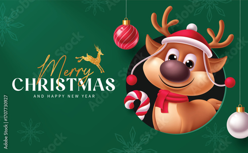 Merry Christmas and Happy new year greeting vector banner with reindeer Christmas balls and candy cane in elegant green background vector illustration.