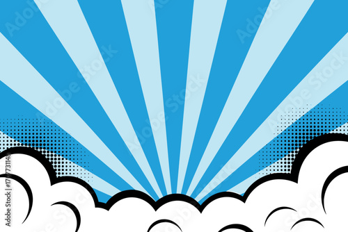 Abstract Blue Burst Comic Background with Clouds and Radial Rays