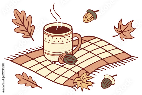 Cozy Autumn Mug with Leaves and Acorns.