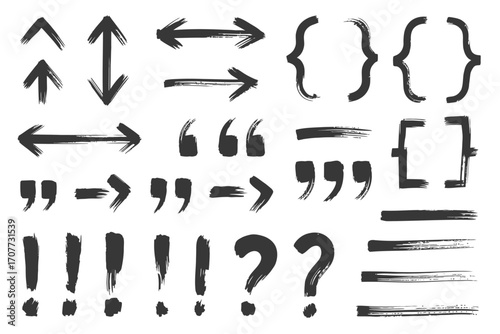 Versatile Hand Drawn Brush Stroke Graphic Elements Set Grunge Arrows, Quotes, Brackets, Punctuation Marks, and Underlines for Creative Designs