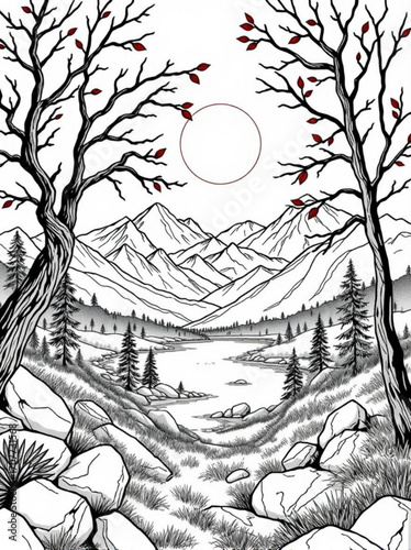 Minimilist illustration of a mountain landscape with a lake framed by trees and a moon in the background vector