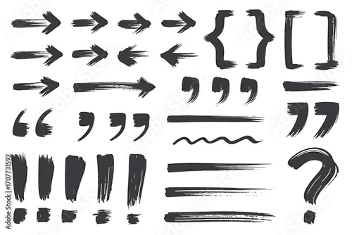Set of Hand-Drawn Brush Stroke Arrows, Brackets, Quotation Marks, Punctuation, and Question Mark Icons for Graphic Design