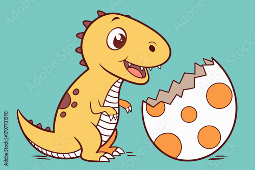 Cute cartoon dinosaur hatching from a spotted egg.