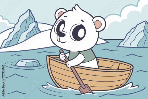 Cute polar bear rowing a boat in icy waters.