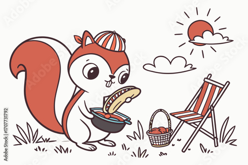 Cute squirrel enjoying a picnic lunch outdoors.