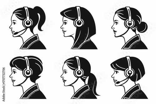 Diverse Female Customer Service Representatives with Headsets.