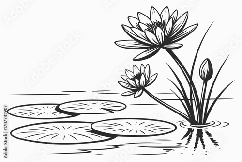 Elegant Black and White Water Lily Illustration.