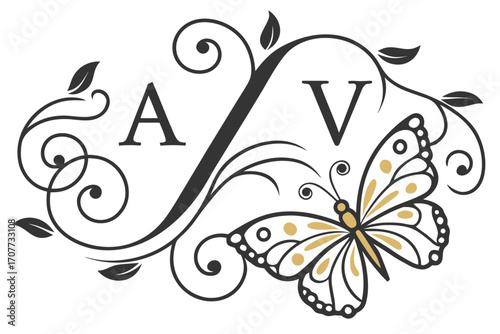 Elegant Monogram AV with Butterfly and Floral Swirls.