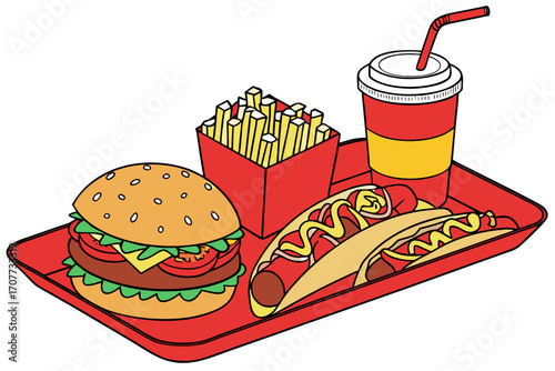 Fast Food Meal Tray with Burger Fries Hot Dogs and Drink.