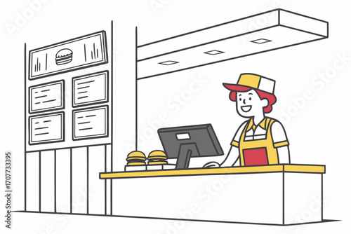 Fast Food Worker at Counter with Menu.