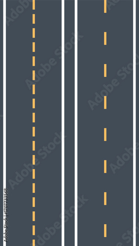 Vector road illustration showing asphalt lanes with yellow and white dashed markings, ideal for maps, traffic signs, driving lessons, transportation designs, and urban planning visuals.